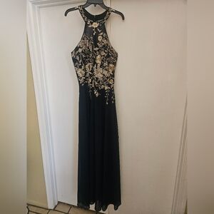 Betsy & Adam Evening Gown with Gold Floral Embroidery